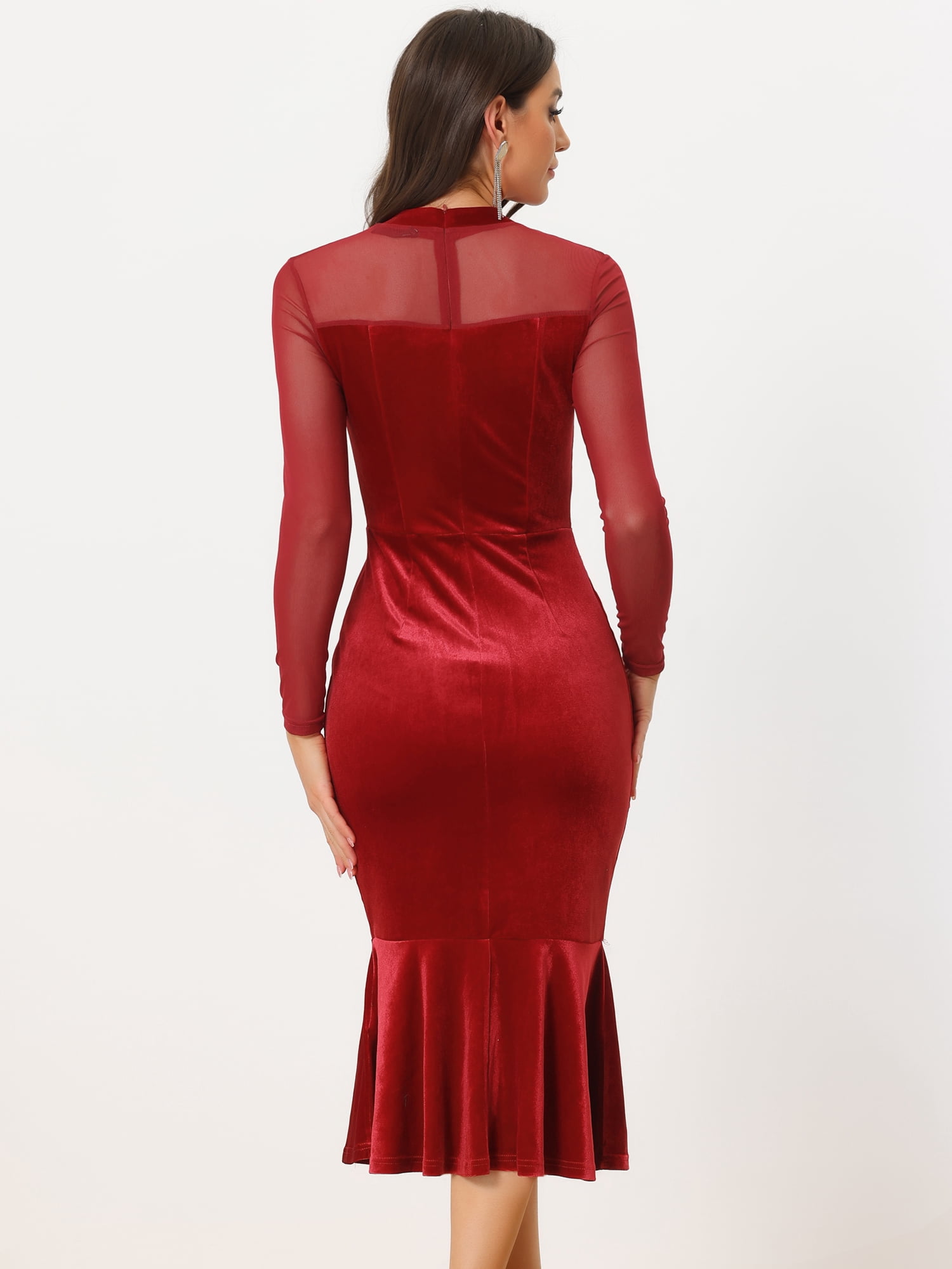 DARING DIVA Elegant Velvet Sheer Mesh Cocktail Dress S Dark Red
