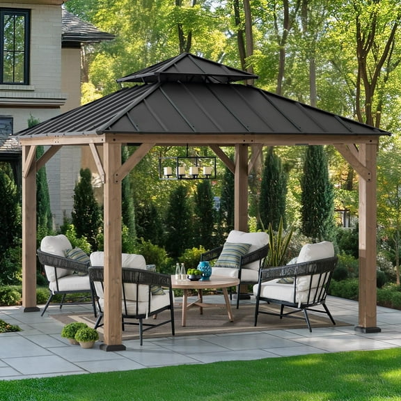 Sunjoy 11 x 11 ft Outdoor Wooden Gazebo Patio Steel Hardtop Gazebo with Cedar Frame and Ceiling Hook Wood Gazebo with 2-tier Metal Roof for Patios, Lawn, and Backyard, Brown