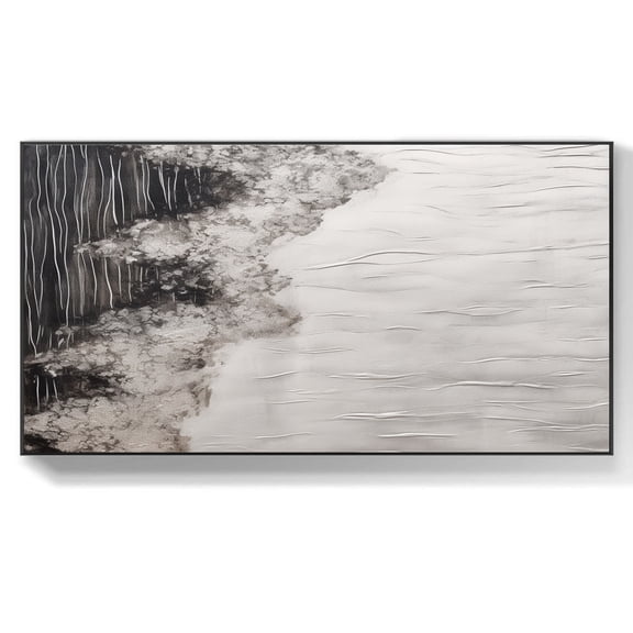 Large Sea Landscape Abstract Painting Black Gray Textured Minimalist Painting Black Gray Textured Wall Art Modern Wall Art Decor,Unstretched,Frameless,(41*61cm)16*32Inches