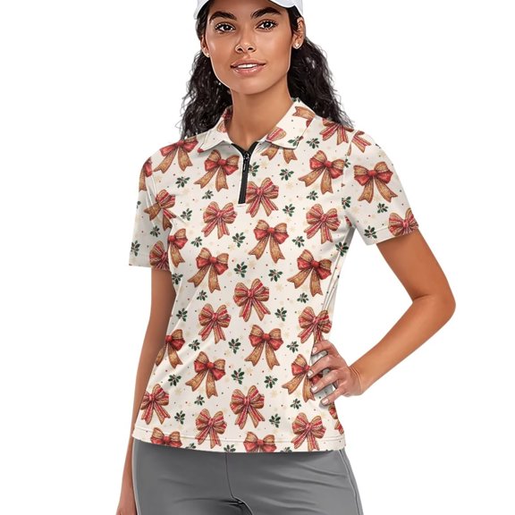 Aplkyhs Christmas Bow Golf Tennis Shirts Short Sleeve Cloth Quarter Zip Lightweight with Collar Shirt Machine Washable for Golf,Tennis,Hiking,Running,Gym for Casual Wear