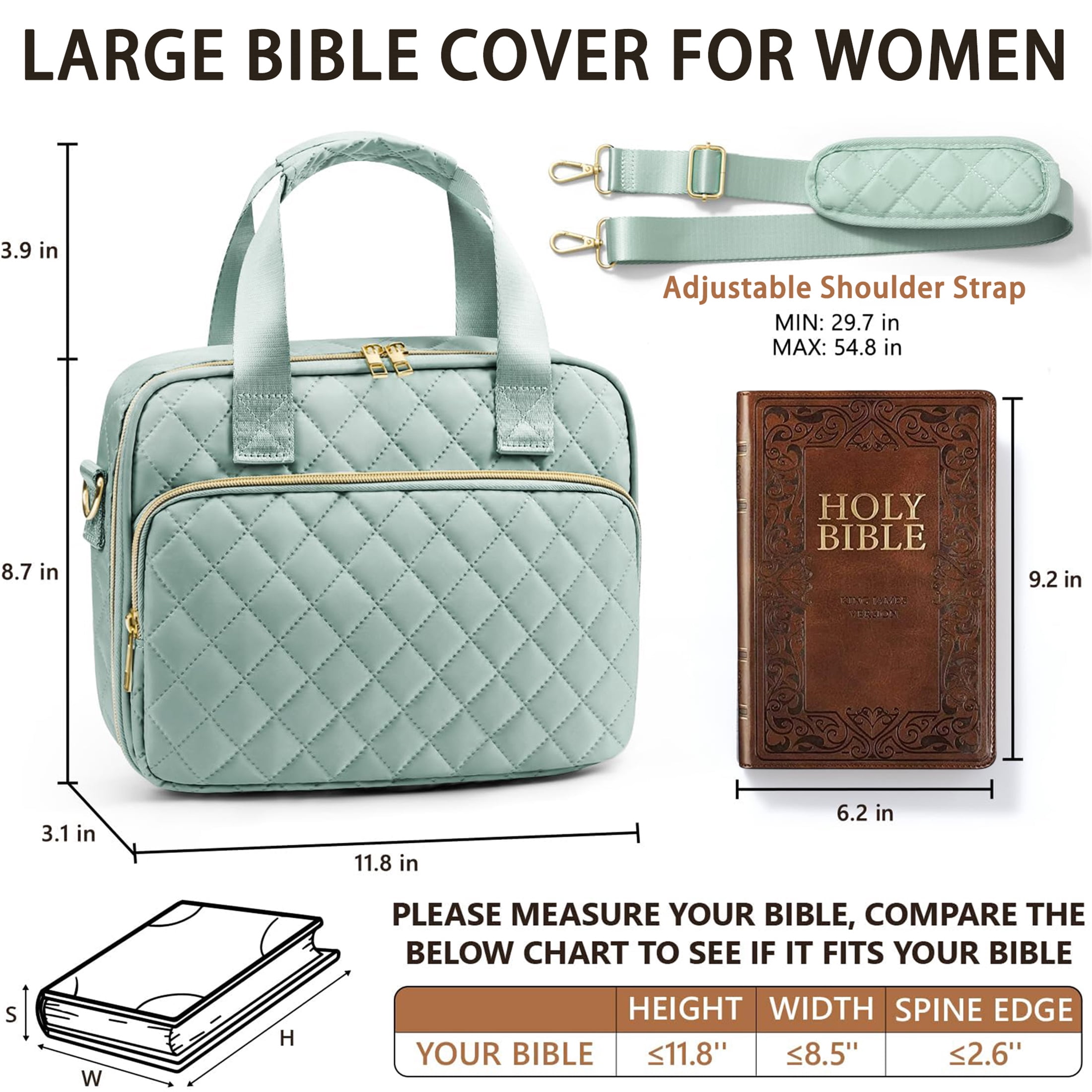 Bible Cover Case for Women, Large Bible Tote Bags Quilted Carrying Case with Shoulder Strap, Bible Study Supplies Journaling Kit, Christian Gift for Womenn (Green)