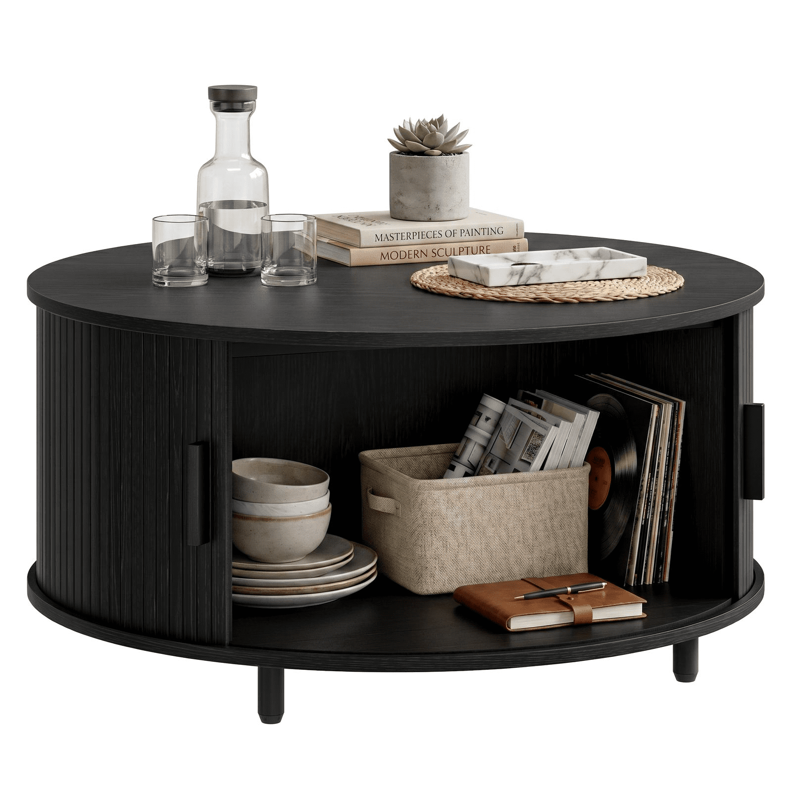 ROGALIS 31.5" Round Coffee Table with Storage, Modern Coffee Table with 360° Curved Sliding Door, Fluted Wood Coffee Table with Adjustable Footpads for Living Room, Black