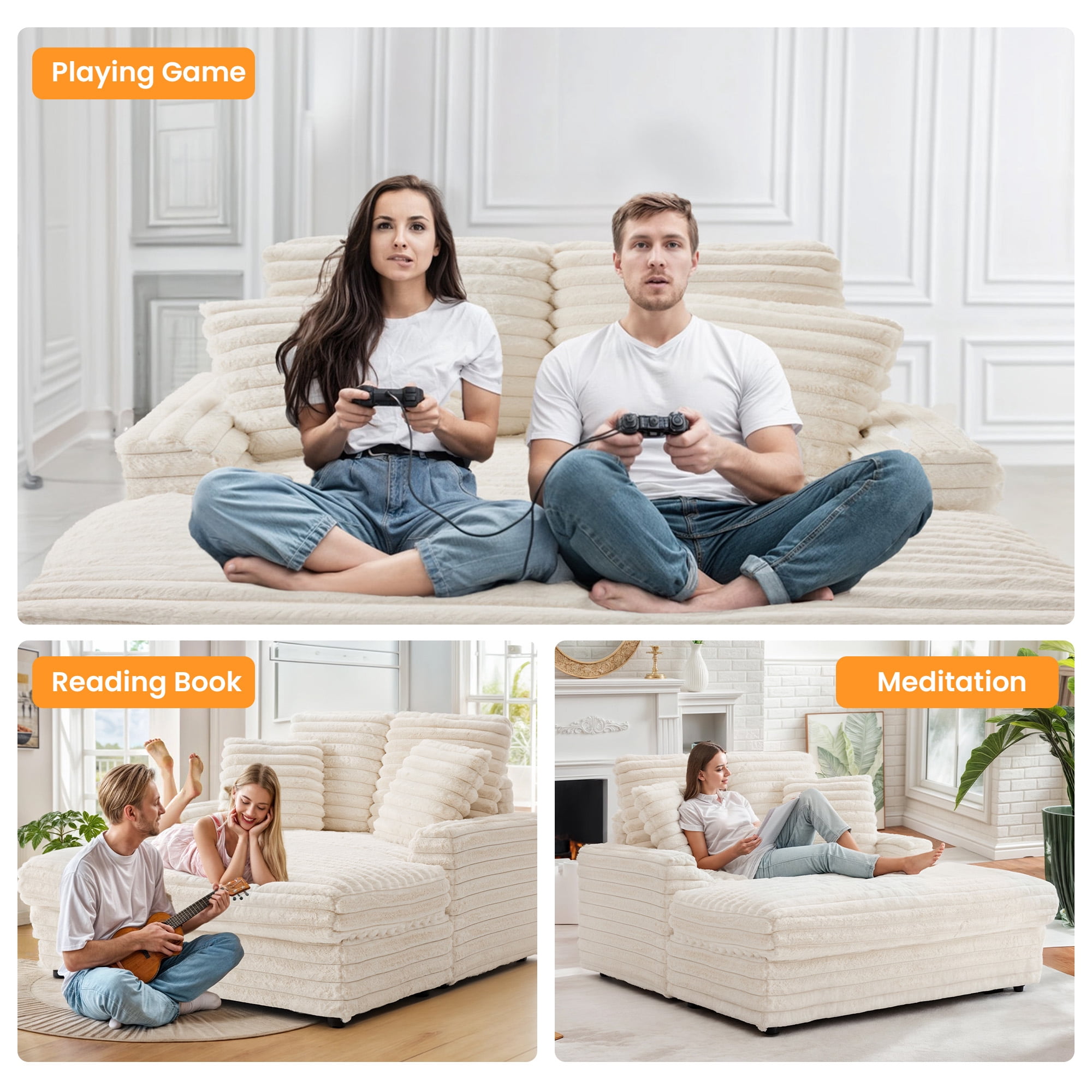 Gelloan Oversized Chaise Lounge Chair Indoor, Upholstered Sofa Bed with Throw Pillows and Armrests, Sleeper Chair for Living Room, Bedroom,White,Corduroy