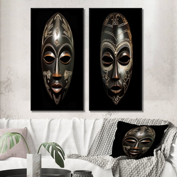 Designart "Traditional African Mask Ethnically Crafted V" African Tribal Framed Wall Art Set Of 2 - Black People Framed Wall Art Set Of 2