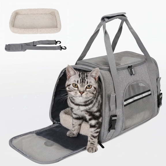 AJOHBM Cat Carrier, Foldable Soft-Sided Large Cat Carrier with Breathable Mesh,Airline Approved ,Small Dog Carrier with a Safety Leash ,Gray