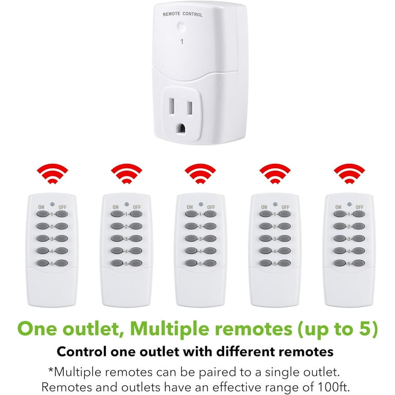 BN-LINK Wireless Remote Control Outlet Switch for Household Appliances, Wireless  Remote Light Switch, LED Light Bulbs, White (2 Remotes + 5 Outlets)  1250W/10A 