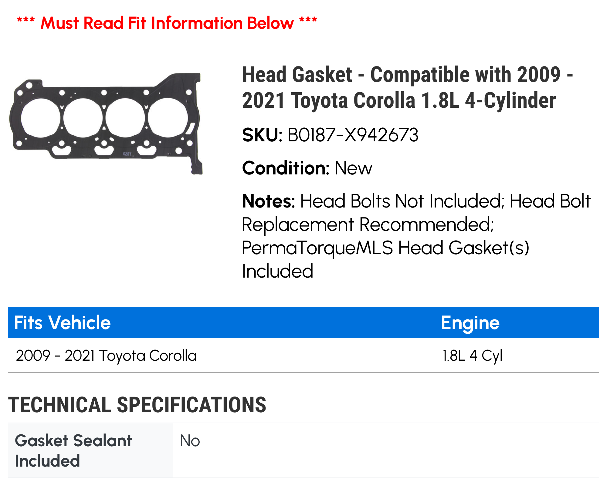 Head Gasket Compatible with 2009 2021 Toyota Corolla 1.8L 4-Cylinder  2010 2011 2012 2013 2014 2015 2016 2017 2018 2019 2020