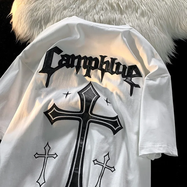 Camisetas de manga corta con estampado de cruces de calle de estilo puro algodón para mujer, marca de moda, versátiles, holgadas, adelgazantes, capa base