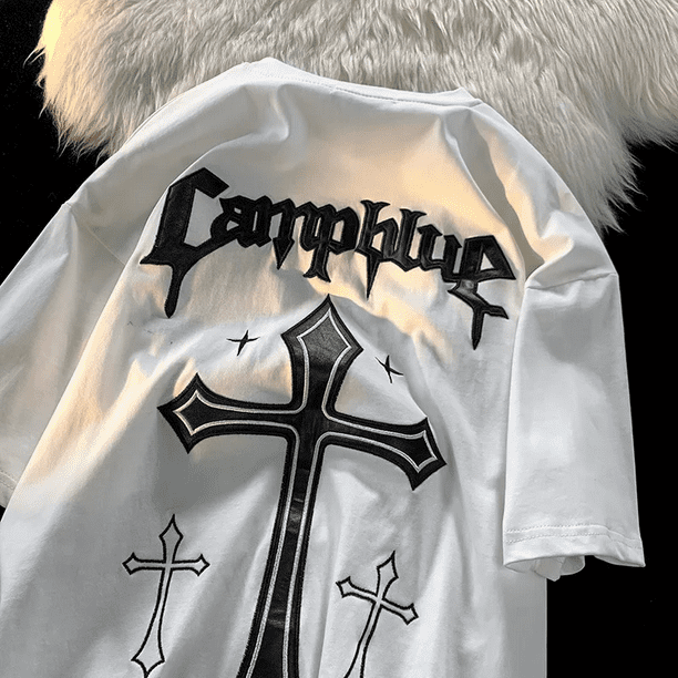 Camisetas de manga corta con estampado de cruces de calle de estilo puro algodón para mujer, marca de moda, versátiles, holgadas, adelgazantes, capa base