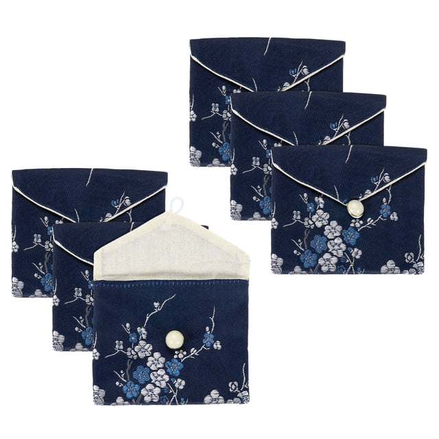 Uxcell 6 Pcs Estuche de Joyas Bolsa de Seda de Estilo Chino Pequeña Organizador de Joyas para Viaje Bolsa Bordada para Boda, Azul Oscuro