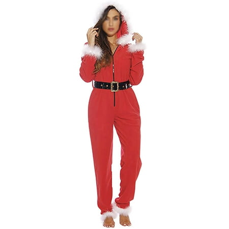 

Cathery Women Mrs. Claus Zipster Fancy Christmas Outfits Hooded Onesie Jumpsuit Pajamas Santa Pjs with Belt