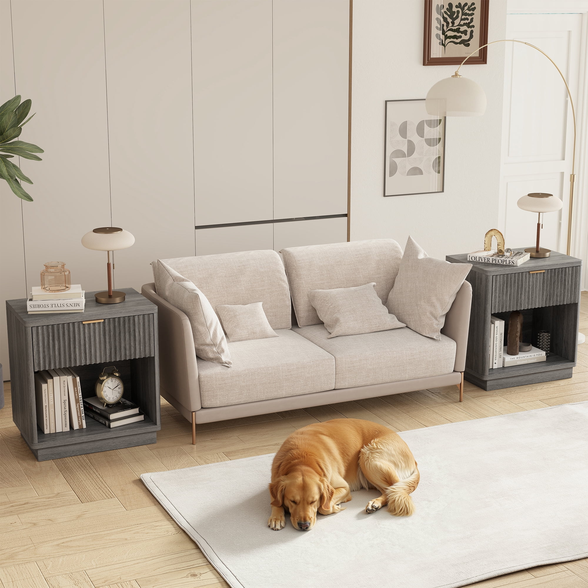 MOONMISS Wooden Nightstand Set of 3,with Drawer,USB Charging and LED Light,Grey