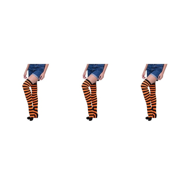 Minnieouse Paquete de 2 calcetines a rayas de talla grande hasta el muslo, transpirabilidad, flexibles, cómodos, medias de moda, medias naranjas y negras a Type1 NO1 Minnieouse CBP211146