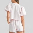 thumbnail image 4 of Hauaitttt Women Peplum Shirt Shorts Set Two Piece Set Pajamas Sets Puff Sleeve Tie Front Top 2pcs Outfits Set Shorts Two Piece Outfits Two Piece Summer Clothes for Women Bathing Suits Tops for Women, 4 of 8