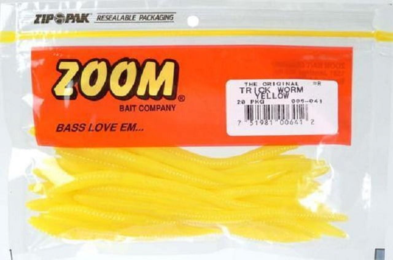 Zoom Trick Worm Freshwater Bass Fishing Soft Bait, Yellow, 6 1/2, 20-pack