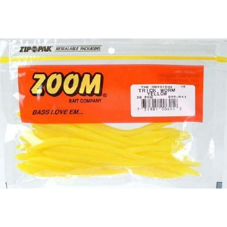Zoom Trick Worm Freshwater Bass Fishing Soft Bait, Yellow, 6 1/2, 20-pack  