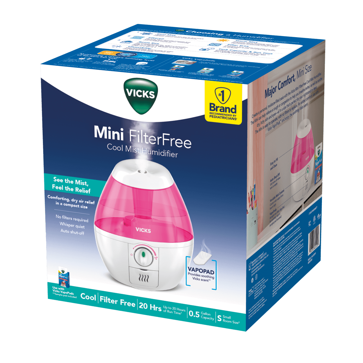 Vicks Mini Filter Free Cool Mist Humidifier for Bedrooms, Baby, Kids Rooms, 0.5 Gallon Tank for 20 Hours of Moisturized Air, Use with Vicks VapoPads, Pink