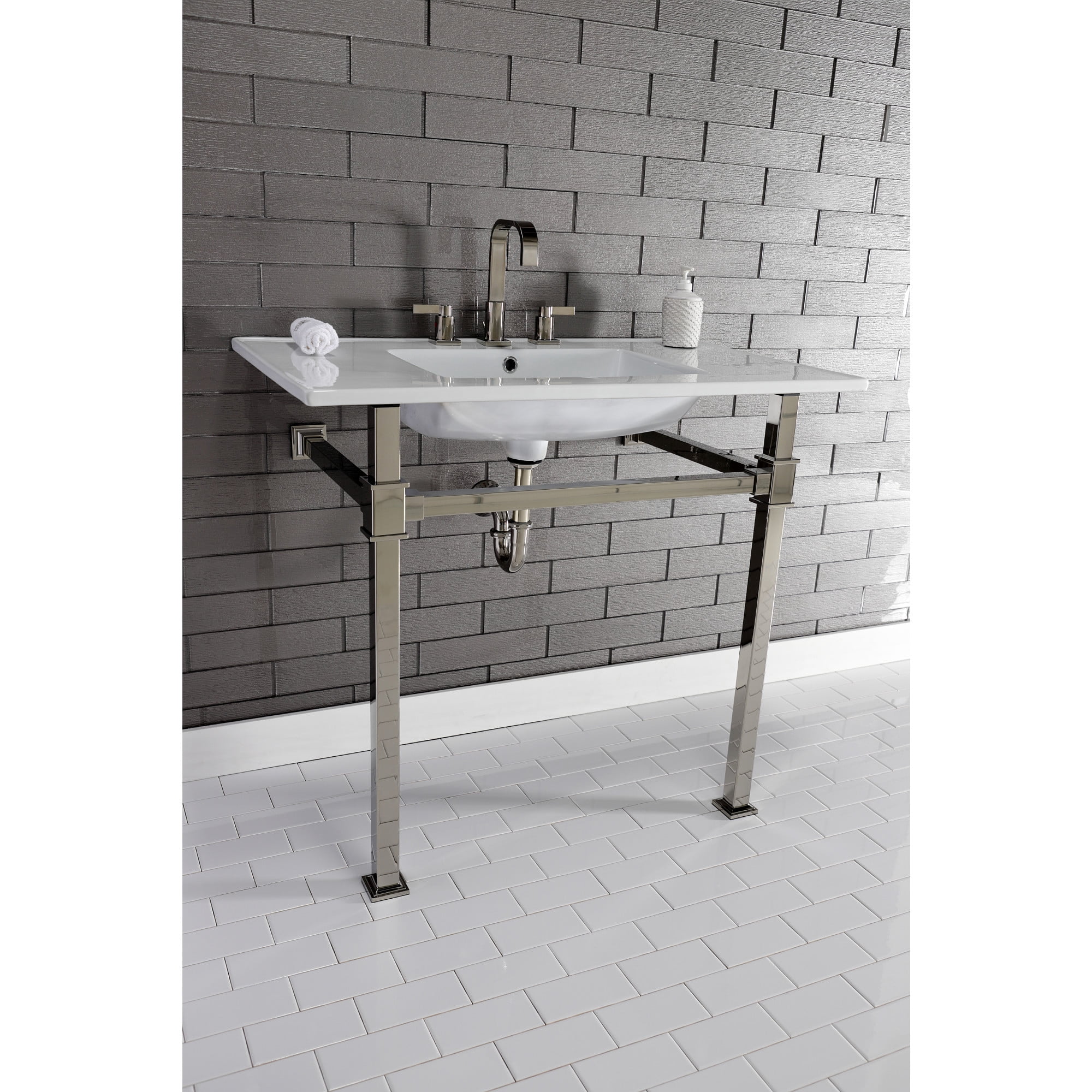 Kingston Brass KVPB37228Q6 Monarch 37" Ceramic Console Sink with Stainless Steel Legs (8-Inch, 3-Hole), White/Polished Nickel