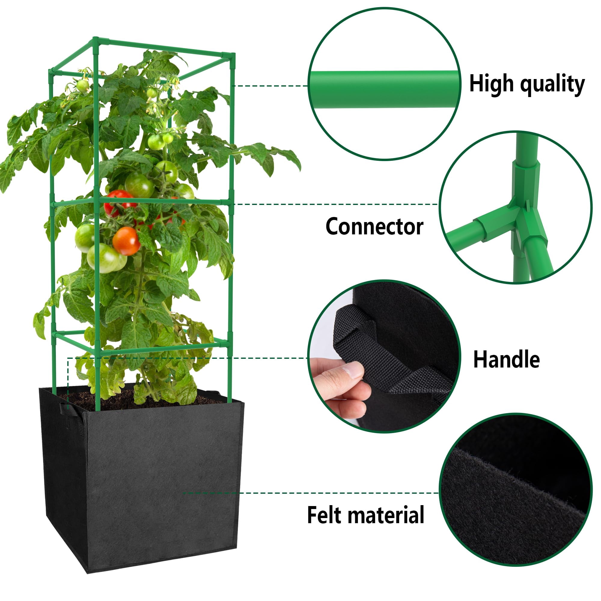 3 packs Garden Tomato Cages with 17.7 Gallon Grow Bags-Alloy Steel Square Plant Support Trellis Assembled for Vertical Climbing Plants