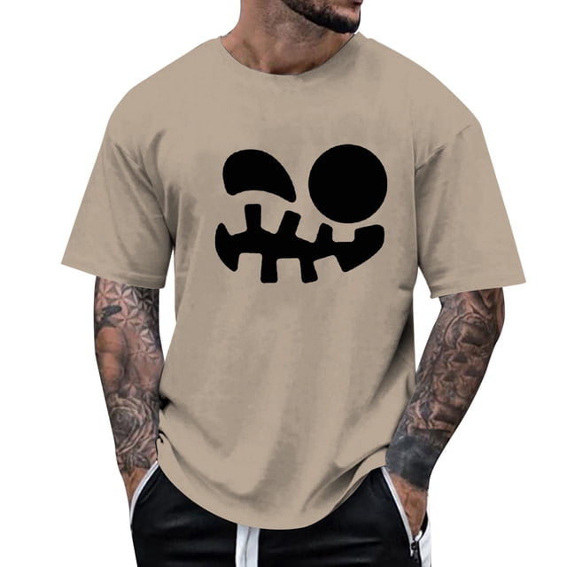 VBARHMQRT Yellow Tshirt Men's Print Theme T Shirt Printed Solid Color Short Sleeve Top Khaki