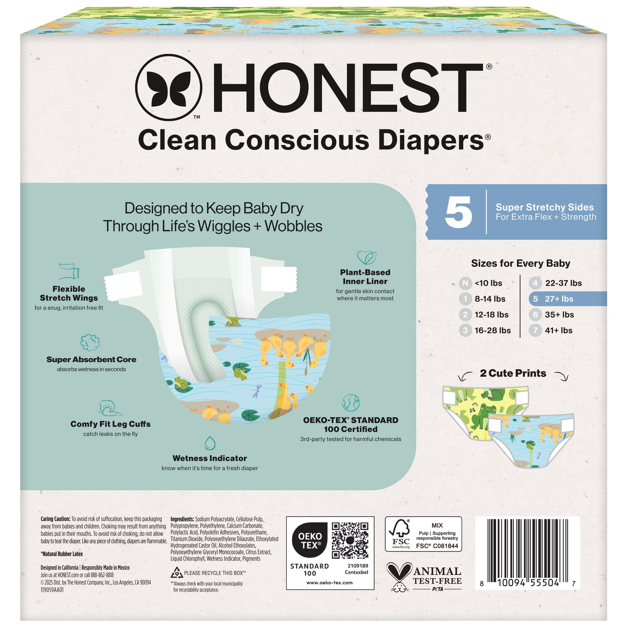 The Honest Company Clean Conscious Diapers® | Up to 100% Leak Protection I Designed to Protect Delicate Skin I Hypoallergenic + Fragrance Free | UR Ribbiting + Waddle It Be, Size 5, 44 Count Club Box