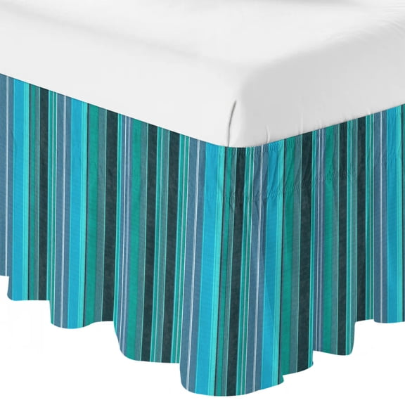 Vertical Distressed Band Ruffle Bed Skirt Queen Size Modern Minimalist Blue Green Stripe Adjustable Elastic Dust Bed Skirts Wrap Around Bedskirt Wrinkle Free Easy Fit with 16 Inch Drop
