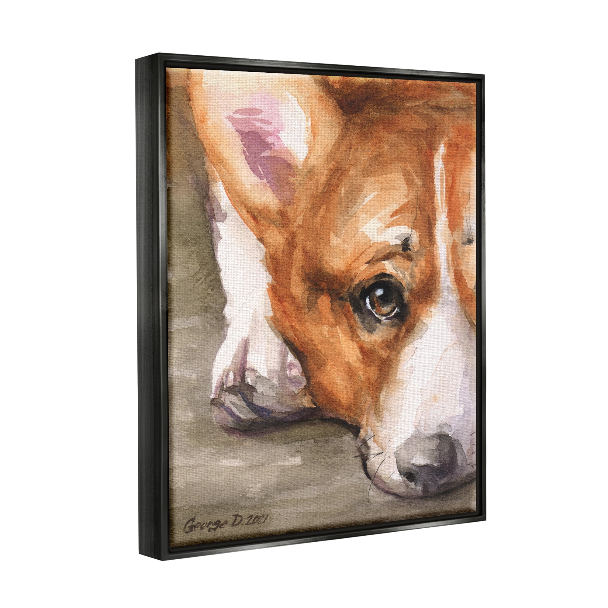 Stupell Industries Pleasant Corgi Puppy Dog Gazing Lying Down Painting Jet Black Floating Framed Canvas Print Wall Art, Design by George Dyachenko