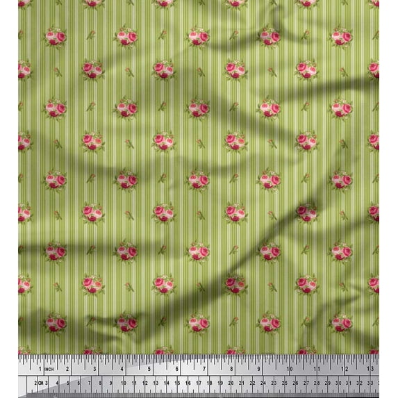 Soimoi Viscose Chiffon Fabric Stripe,Leaves & Rose Floral Printed Craft Fabric by the Yard 42 Inch Wide