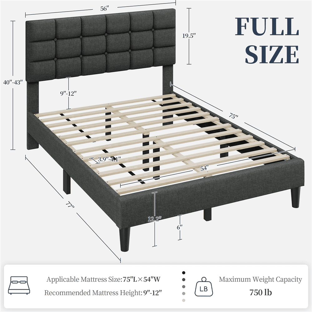 Fullfurnique Upholstered Platform Bed Frame with Square Tufted Headboard, Full, Dark Gray