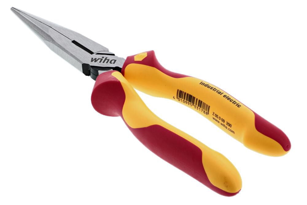 Wiha Tools Insul. Industrial Long Nose Pliers w/ Cutter 8" OAL. Industrial brushed finish. Two component ergo cushion grips.