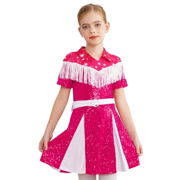 iiniim Halloween Western Party Dress Up Cowgirl Kids Girls Tassels Fringe Shiny Sequins Pleated Dresses Hot Pink 12