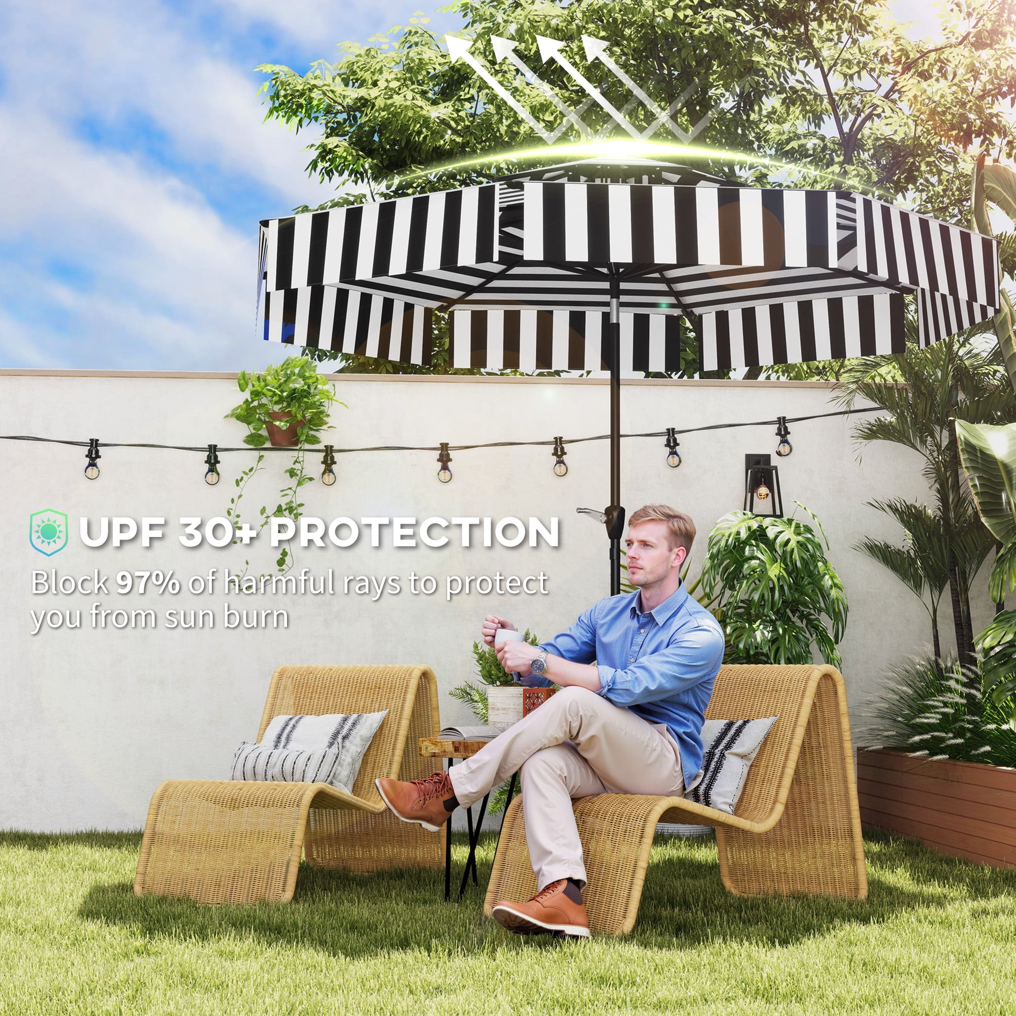 Outsunny 8.6FT Patio Umbrella, UPF 30+ Outdoor Market Umbrella, 2-Tier Vented Patio Table Umbrella with Crank, 8 Ribs, Push Button Tilt, Black