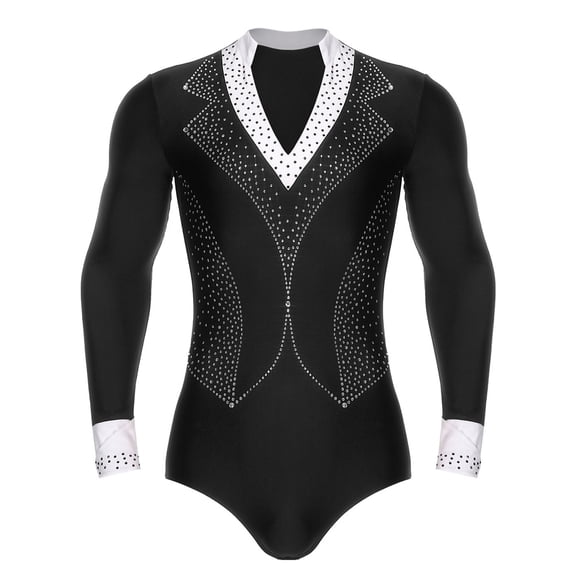 Aislor Men's V Neck Long Sleeve Shirt Leotard Rhinestone Latin Ballroom Dance Bodysuit Figure Skating Jumpsuit Black XXL