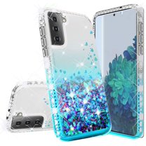 For Samsung Galaxy S21 Plus/S21  Case w/ TPU Screen Protector Liquid Quicksand Glitter Cute Bling Girls Women [Shock Proof] for Galaxy S21 Plus/S21  - Clear/Teal