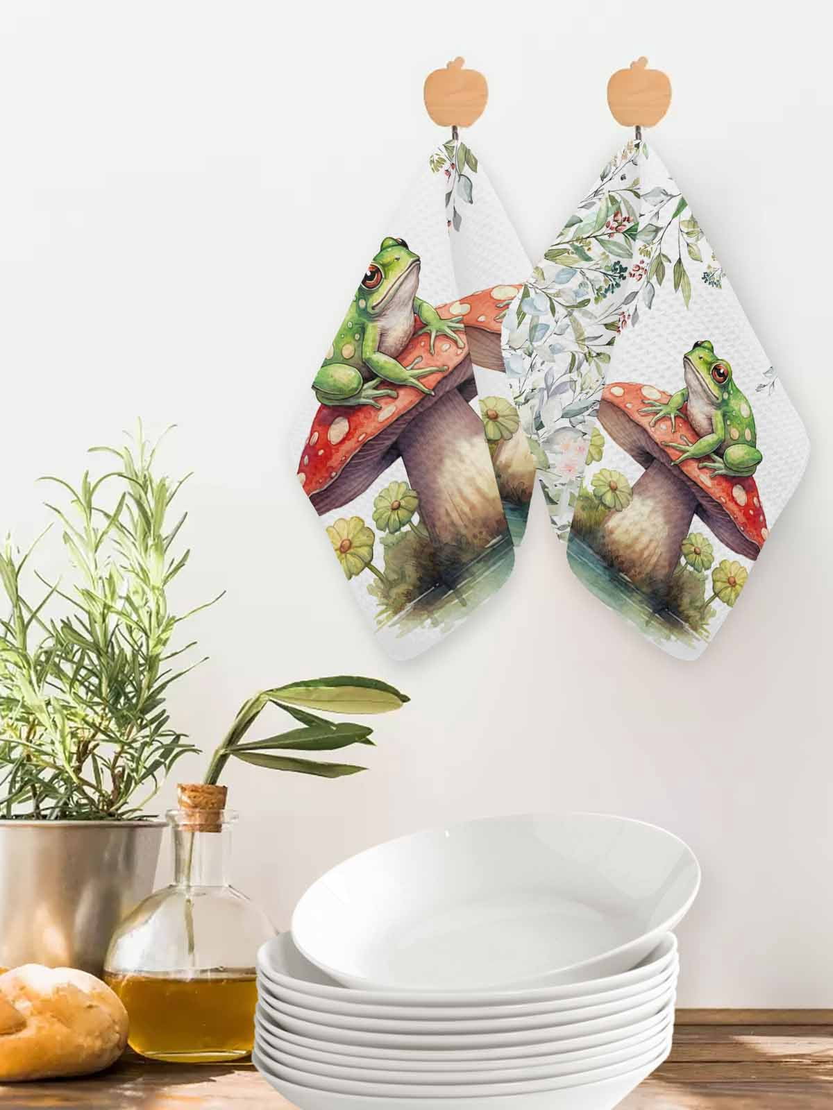 Mushroom Frogs Kitchen Dish Towels for Drying Dishes Set of 3, Spring Floral Summer Eucalyptus Leaves Waffle Weave Microfiber Hand Tea Bathroom Towels Quick Dry & Absorbent Towel 12x12