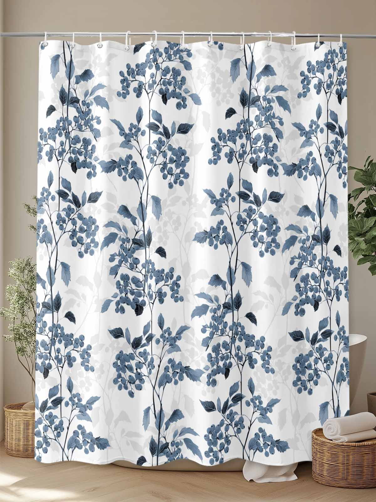Boanket Polyester Fabric Blue Botanical Shower Curtain, Vintage Nature Flower Floral Waterproof Bathtub Curtain Bathroom Decor Set with Hooks 48 x 72 Inches,