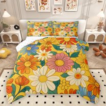 Homewish Retro Orange Flower Full Size Comforter Sets, Cartoon Groovy Daisy Bedding Comforter Set, Teens Kids Boys Girls Reversible Bedding Sets, Super Cozy Room Decor, 3-Piece