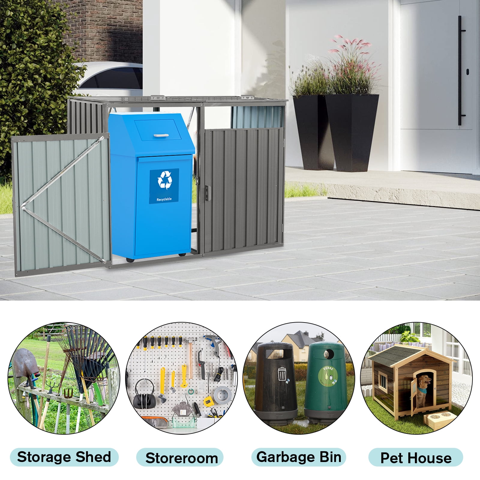 Trash Bin Storage Shed, Metal Outdoor Bin House for Double Garbage Can Storage Garden Yard Lawn, Grey