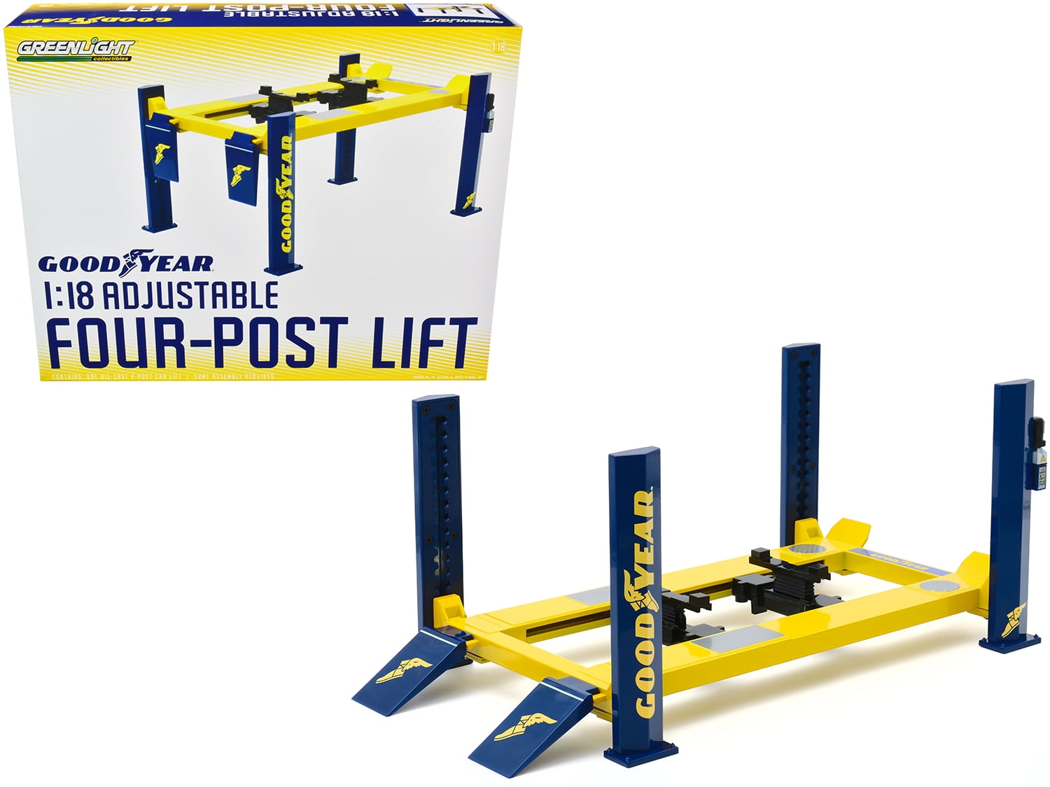 Adjustable Four Post Lift Yellow and Blue "Goodyear Tires" for 1/18
