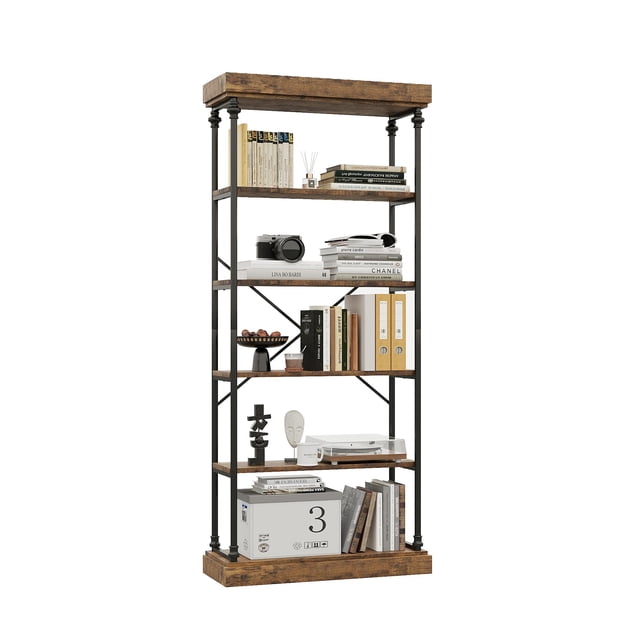 Yeshouse librería industrial de madera de 6 niveles, estantería alta de almacenamiento abierto con estructura metálica, acabado gris rústico, ideal para exhibición en sala, oficina o dormitorio