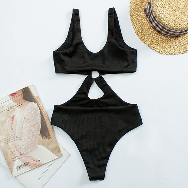BEFOKA Swimming Suits for Women Summer Fashion Solid Hollow Tank Top  One-Piece Bikini Swimsuit Swimwear Black L 