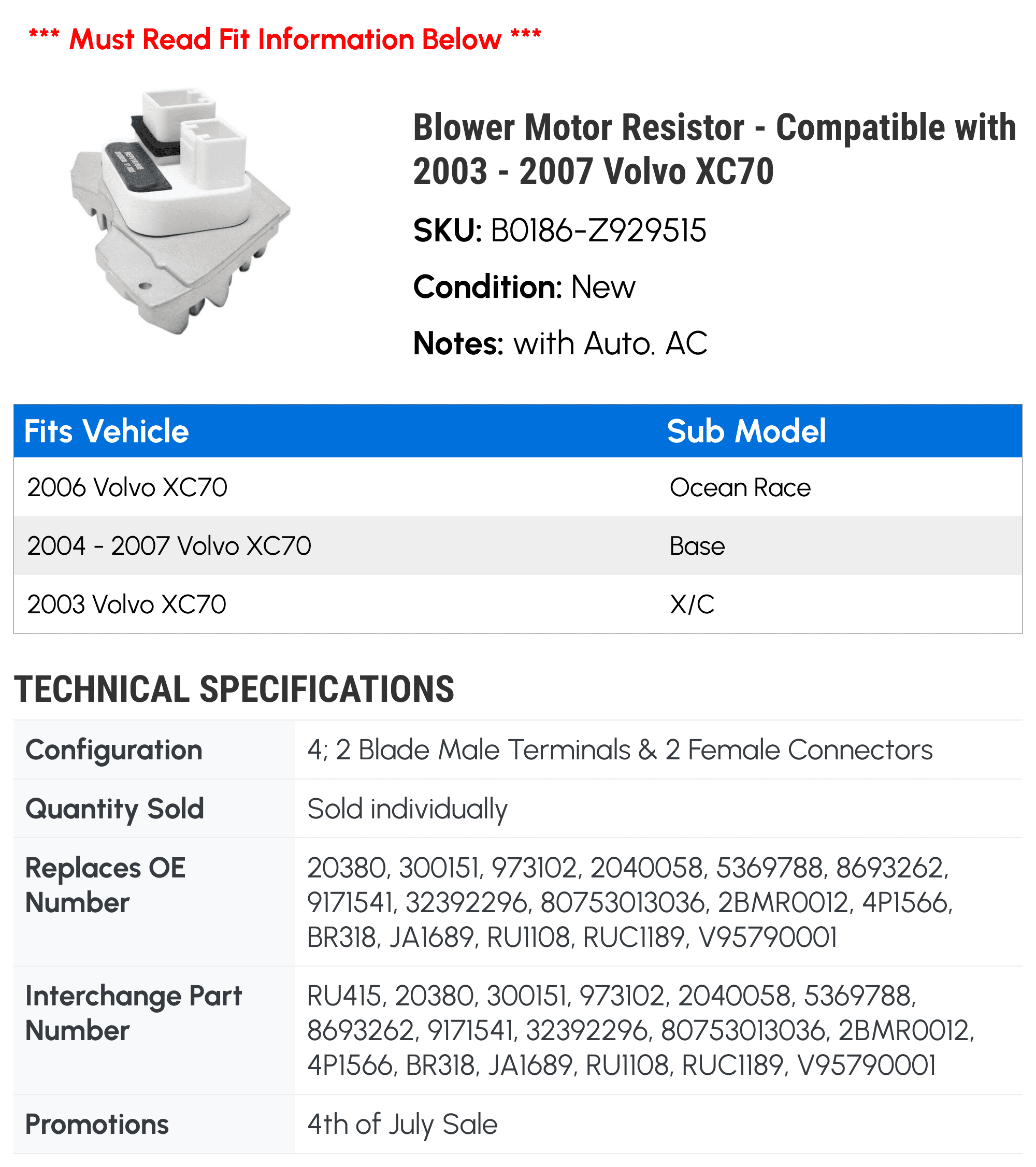 Blower Motor Resistor - Compatible with 2003 - 2007 Volvo XC70 2004 2005 2006
