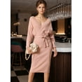 thumbnail image 2 of Unique Bargains Women's Deep V Neck Wrap Lantern Sleeve Belted Mini Sweater Dress S Pink, 2 of 6