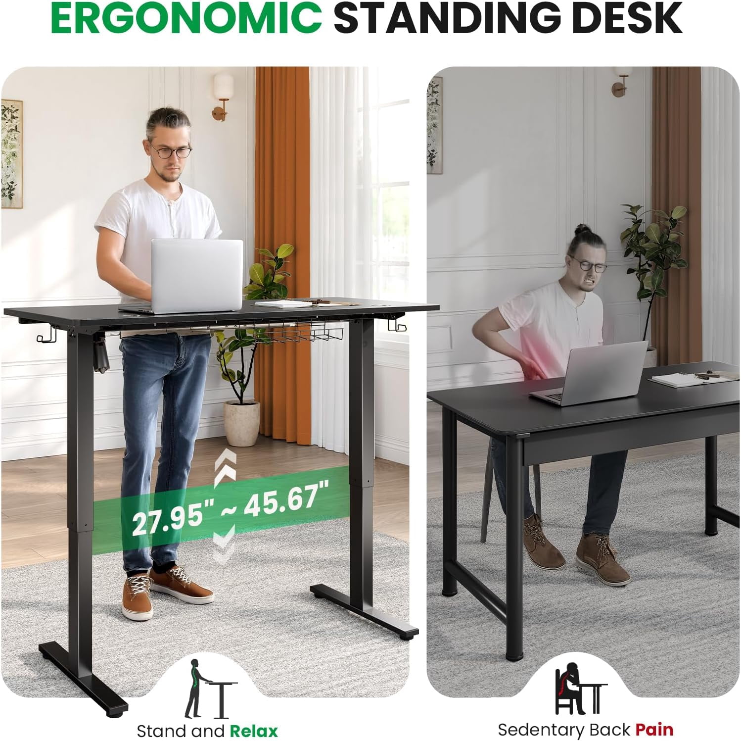 SIAGO Electric Standing Desk Adjustable - 48 x 24 Inch Sit Stand up Desk with Cable Management - 3 Memory Preset Adjustable Height Table