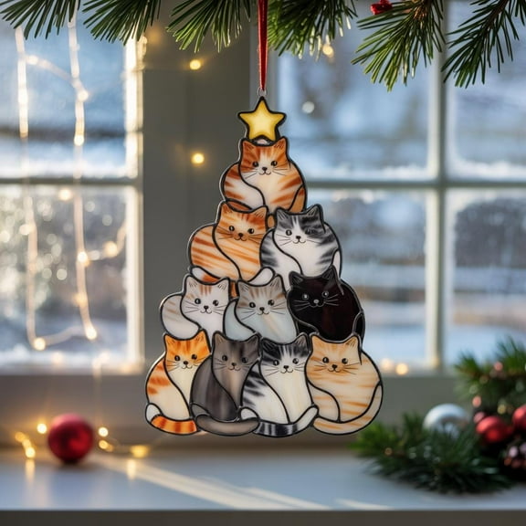 Cat Christmas Tree Acrylic Suncatcher, Holiday Faux Stained Glass Ornament, Christmas Cat Sun Catcher, Festive Cat Window Hanging Decor