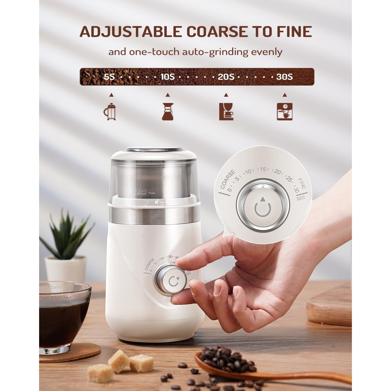 Electric Super Silent Blade Coffee Grinder, Timed Grind Control Rotary Knob, Adjustable Coarse to Fine for Coffee Beans, Spices & Herbs, with 1 Removable Stainless Steel Bowl, Cream