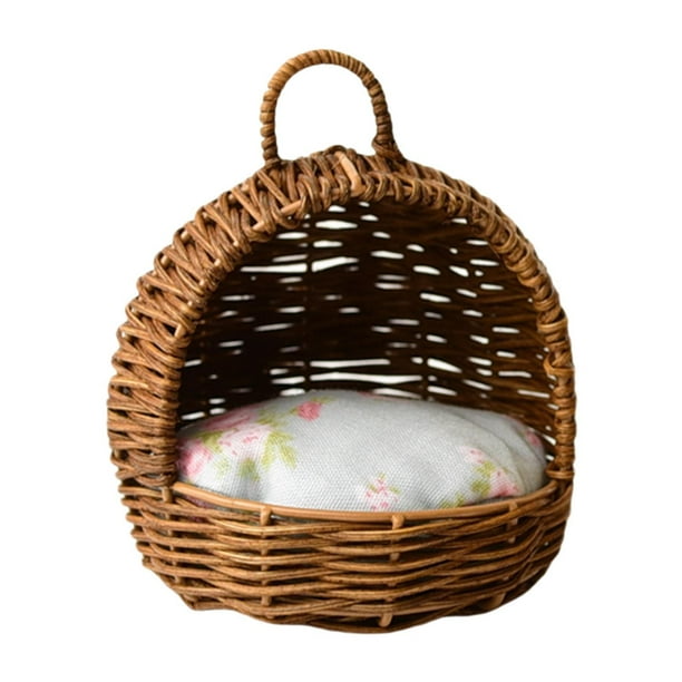 Cesta de casa de muñecas para gatos, decoración de ratán, accesorios artesanales para casa de muñecas a 1/6 marrón oscuro