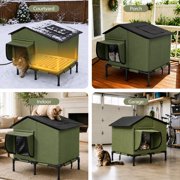 Heated Cat House Outdoor, DOMIPET Waterproof Large Insulated Winter Cat Shelter with Heating Pad for Multiple Cats Small Animals, Elevated Base, Escape Door & Roof Window