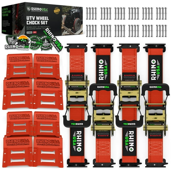 Rhino USA Wheel Chock Tie Down Kit (4,500lb Break Strength) 4 Tire Ratchet Straps (8) Chocks - Red