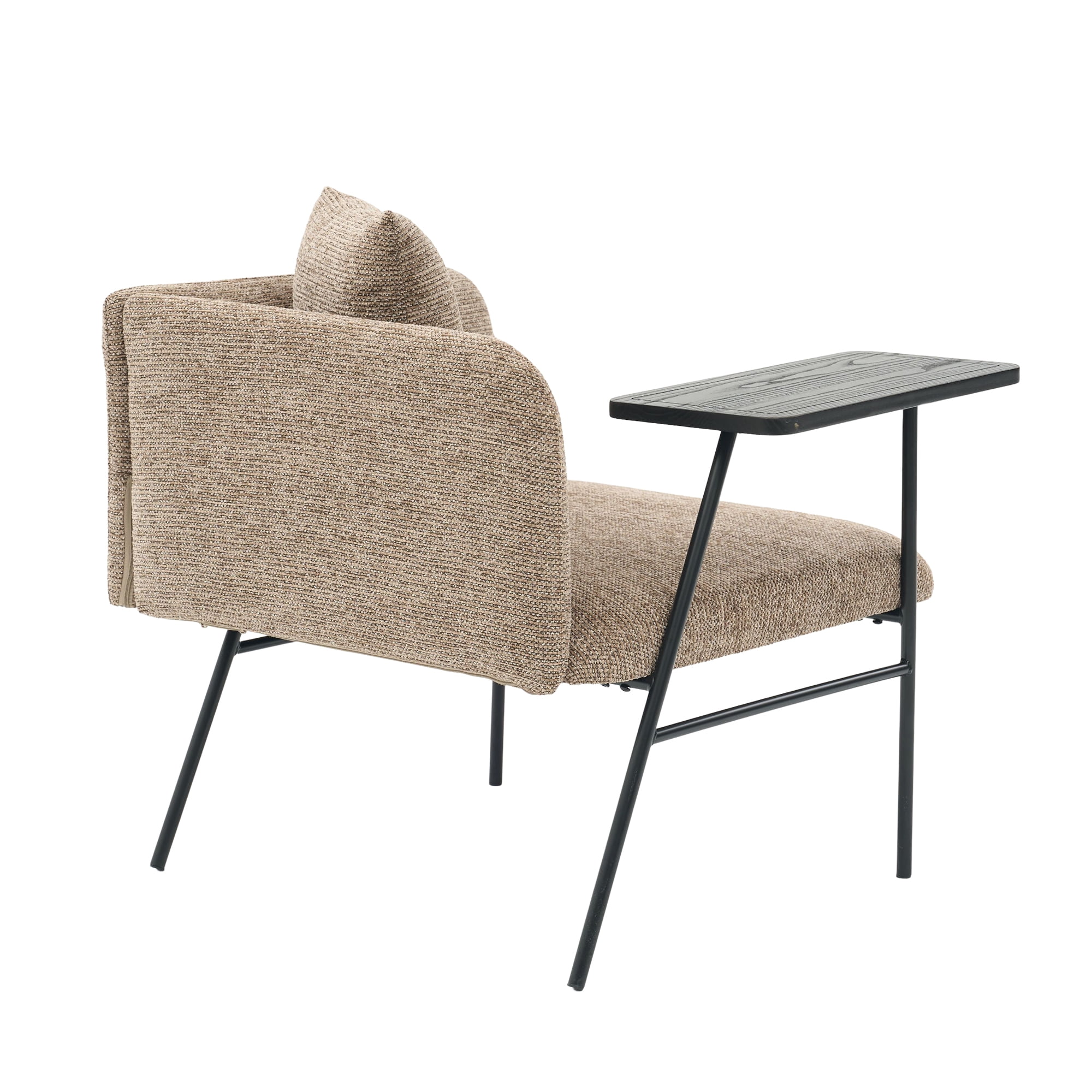 Lounge Accent Chair with Small Table and Pillow, Modern Upholstered Single Sofa Armchair with Side Pockets and Metal Legs, Reading Seating for Bedroom Home Office, Khaki